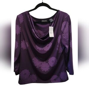 New York & Company Purple Floral Cowl Neck Blouse